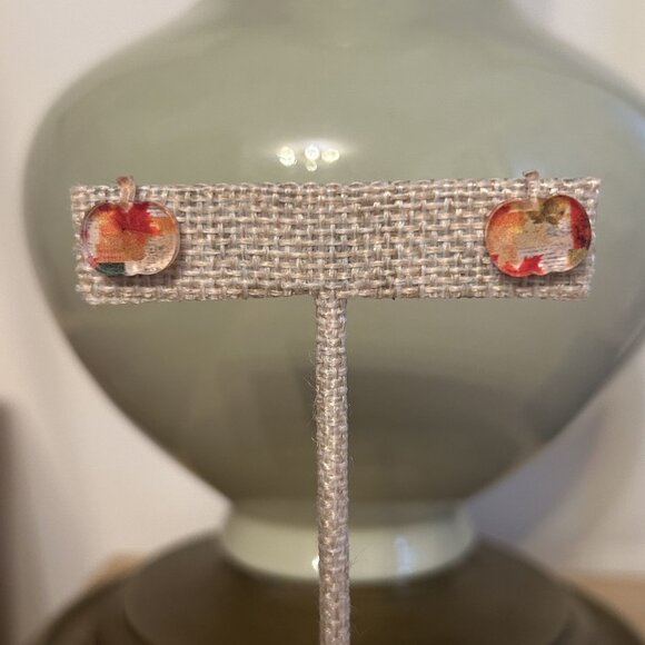 Pumpkin Fall Stud Earrings Autumn Print Lightweight Acrylic Handmade - Picture 4 of 5